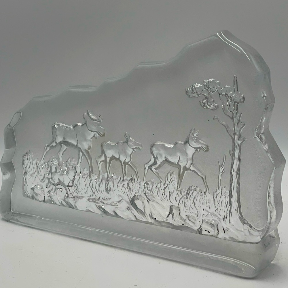 Nybro Sweden Art Glass: Lg. Carved Crystal Forest Scene w/Dog & Three Moose/Elks